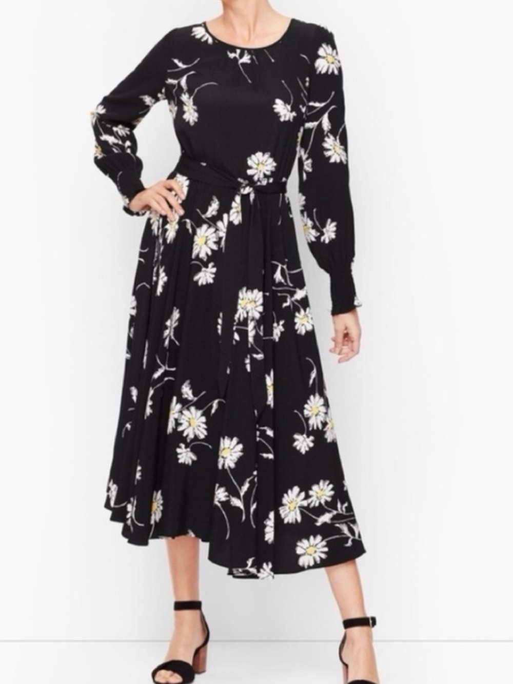 Talbots Daisy Floral Black Tie-Waist Midi Dress 8